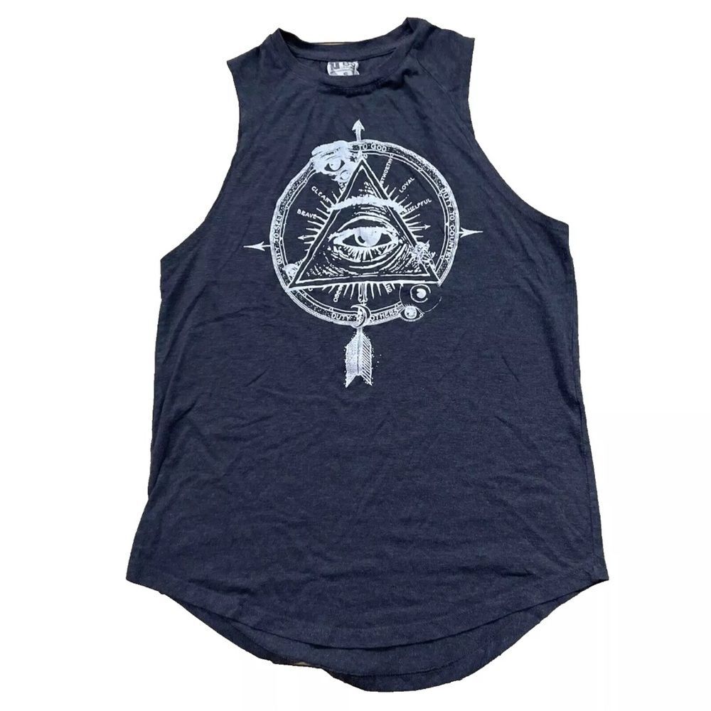 T BAR Tank Top Shirt Women S Gray Tribal Third Eye Graphic Whimsy Witchy Goth S